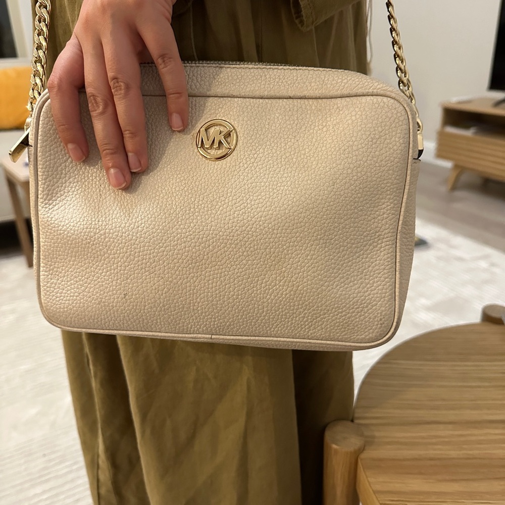 Michael Kors Beige Crossbody Bag with Gold Accents- Used Good Condition